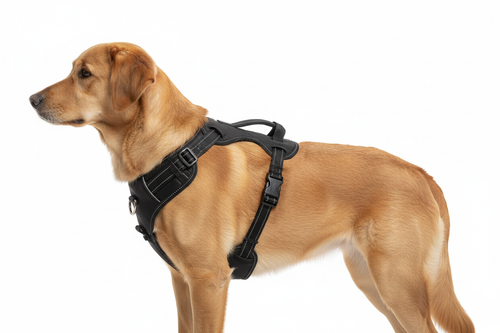 un chien avec un harnaais anti traction noir pour le mettre sur  ma fiche produit, pour bien montrer le produit